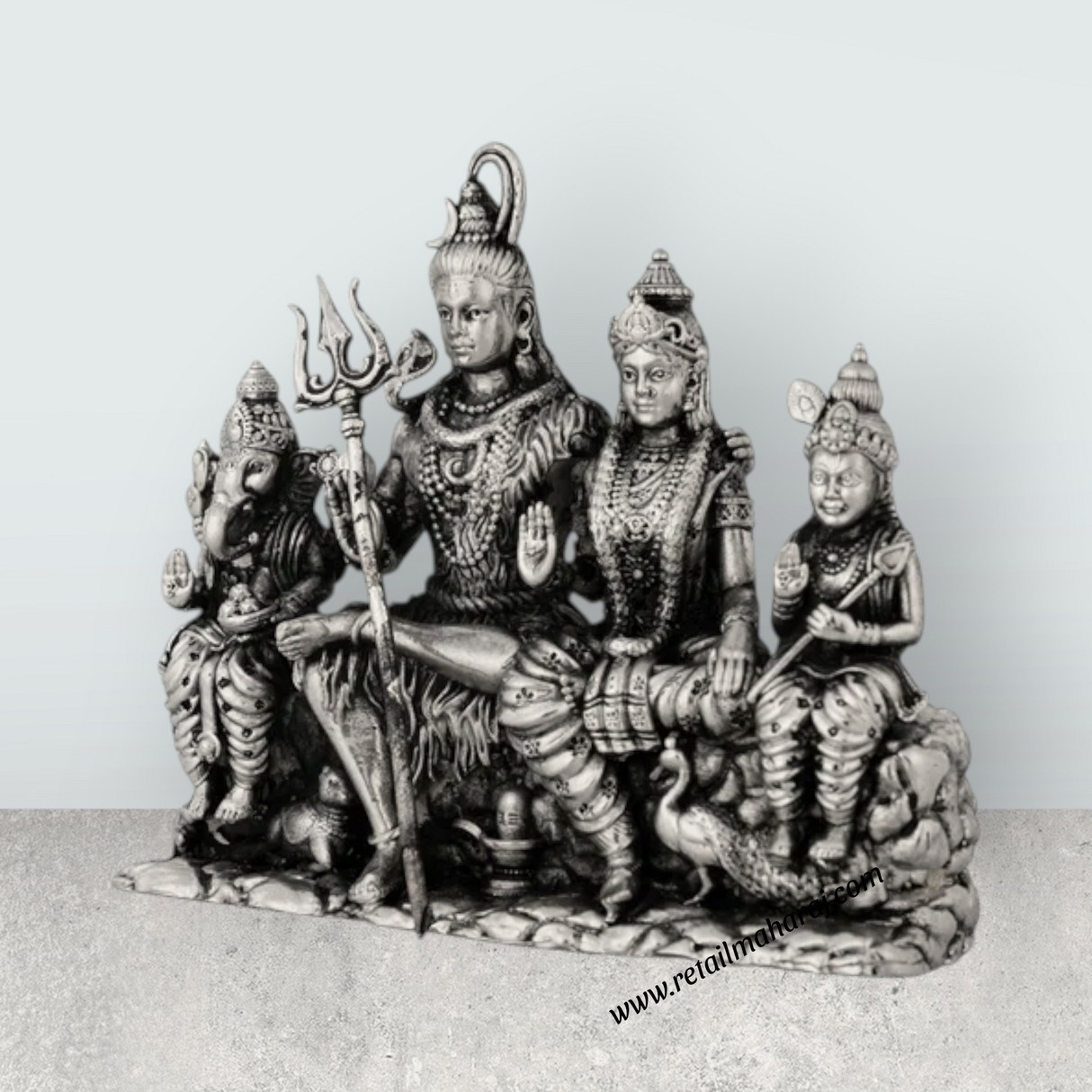 Shiv Family Murti Sitting On Base – 4 x 5 Inches German Silver / Antique Polish Shiva Family Statue for Worship - Retail Maharaj