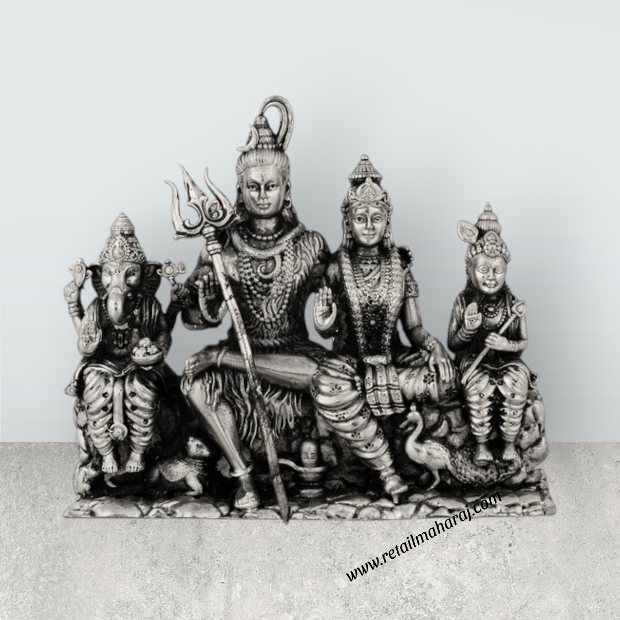 Shiv Family Murti Sitting On Base – 4 x 5 Inches German Silver / Antique Polish Shiva Family Statue for Worship - Retail Maharaj