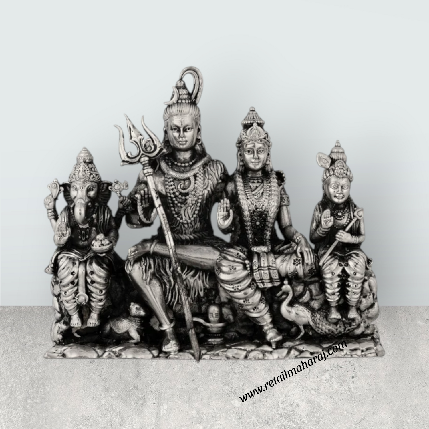 Shiv Family Murti Sitting On Base – 4 x 5 Inches German Silver / Antique Polish Shiva Family Statue for Worship - Retail Maharaj