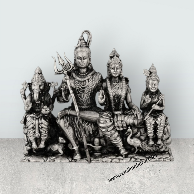 Shiv Family Murti Sitting On Base – 4 x 5 Inches German Silver / Antique Polish Shiva Family Statue for Worship - Retail Maharaj