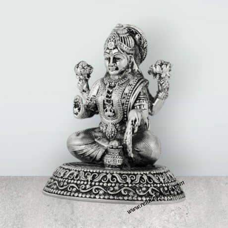 Lakshmi Idol Sitting On Base – 3 x 2.5 Inches German Silver Laxmi Idol/ Antique Polish Lakshmi Murti for Worship - Retail Maharaj