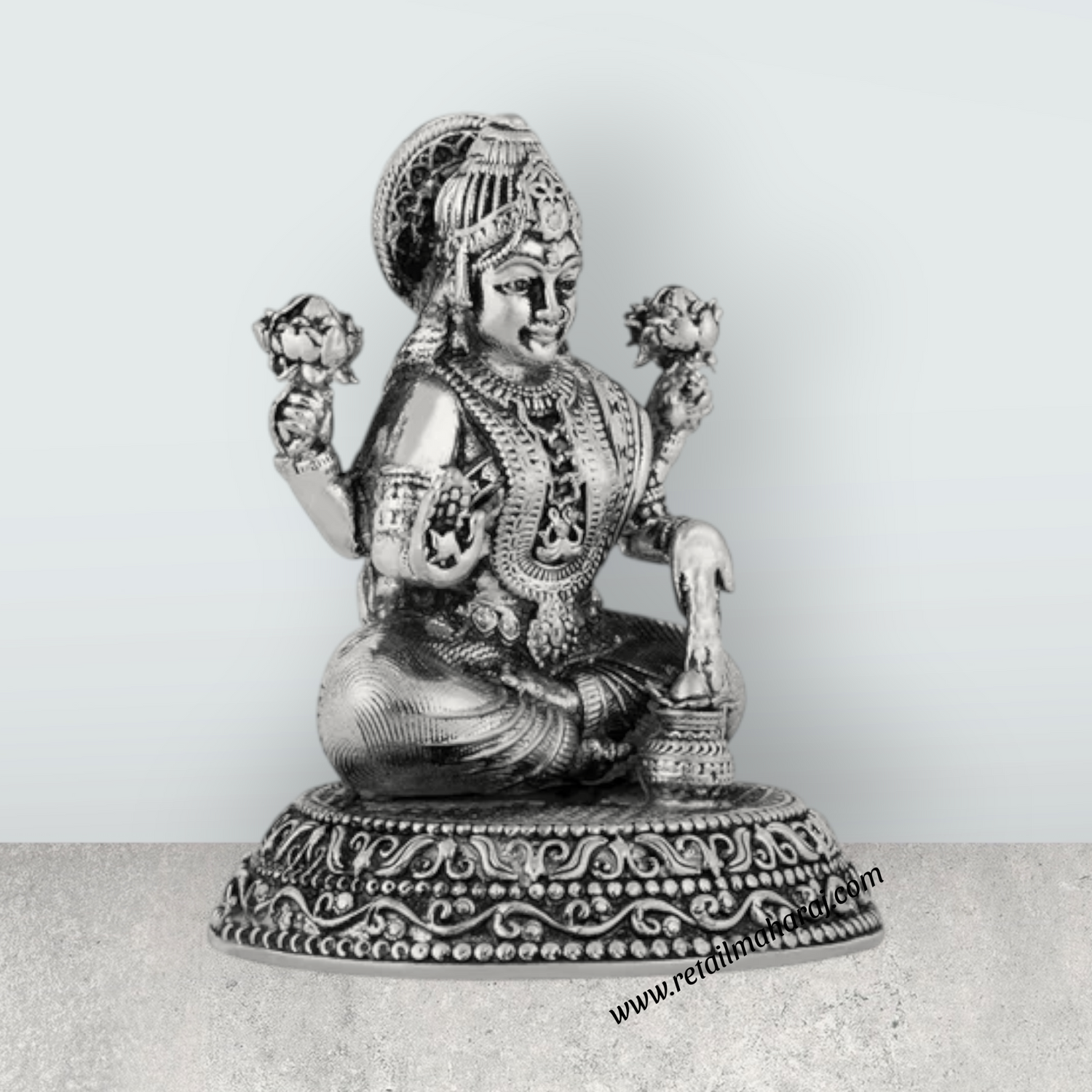 Lakshmi Idol Sitting On Base – 3 x 2.5 Inches German Silver Laxmi Idol/ Antique Polish Lakshmi Murti for Worship - Retail Maharaj