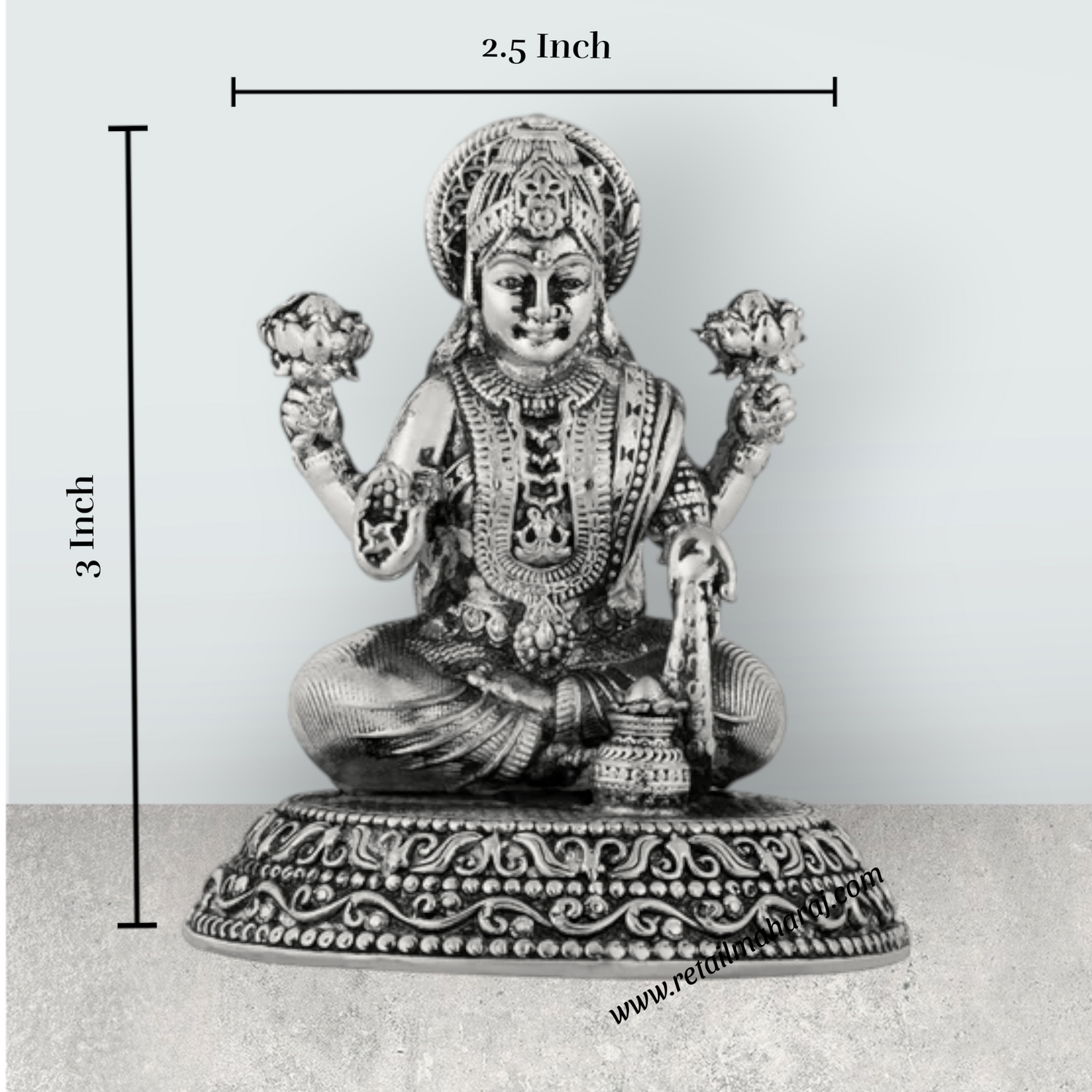 Lakshmi Idol Sitting On Base – 3 x 2.5 Inches German Silver Laxmi Idol/ Antique Polish Lakshmi Murti for Worship - Retail Maharaj