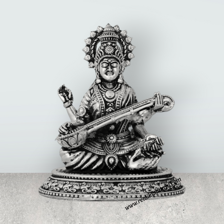 Saraswati Murti Sitting On Base – 3.5 x 3 Inches German Silver Antique Polish Saraswati Moorti for Worship - Retail Maharaj