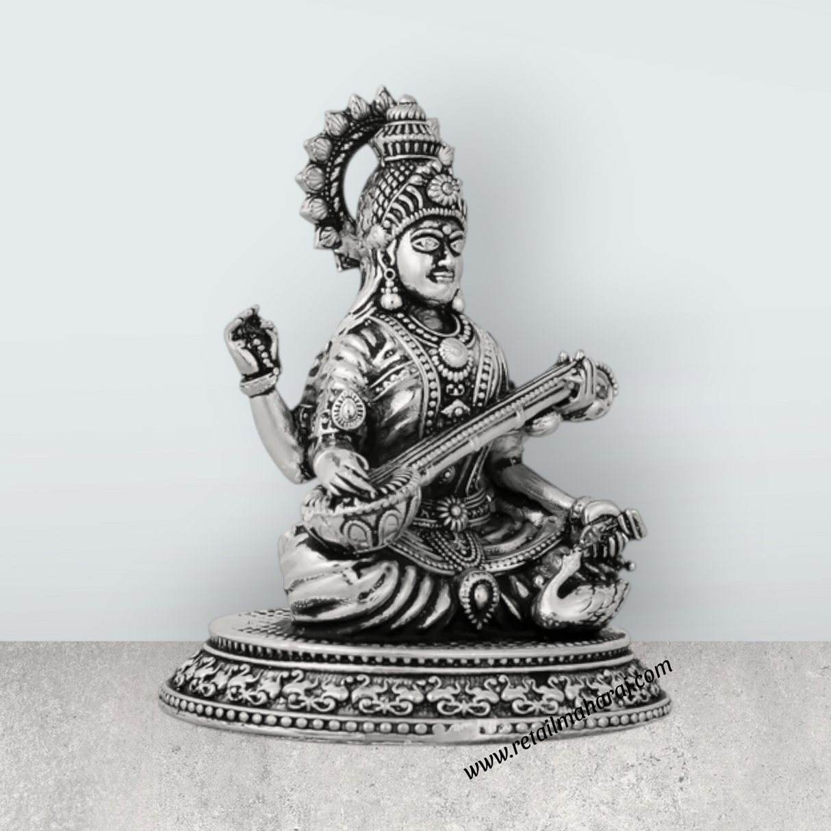 Saraswati Murti Sitting On Base – 3.5 x 3 Inches German Silver Antique Polish Saraswati Moorti for Worship - Retail Maharaj