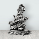 Saraswati Murti Sitting On Base – 3.5 x 3 Inches German Silver Antique Polish Saraswati Moorti for Worship - Retail Maharaj