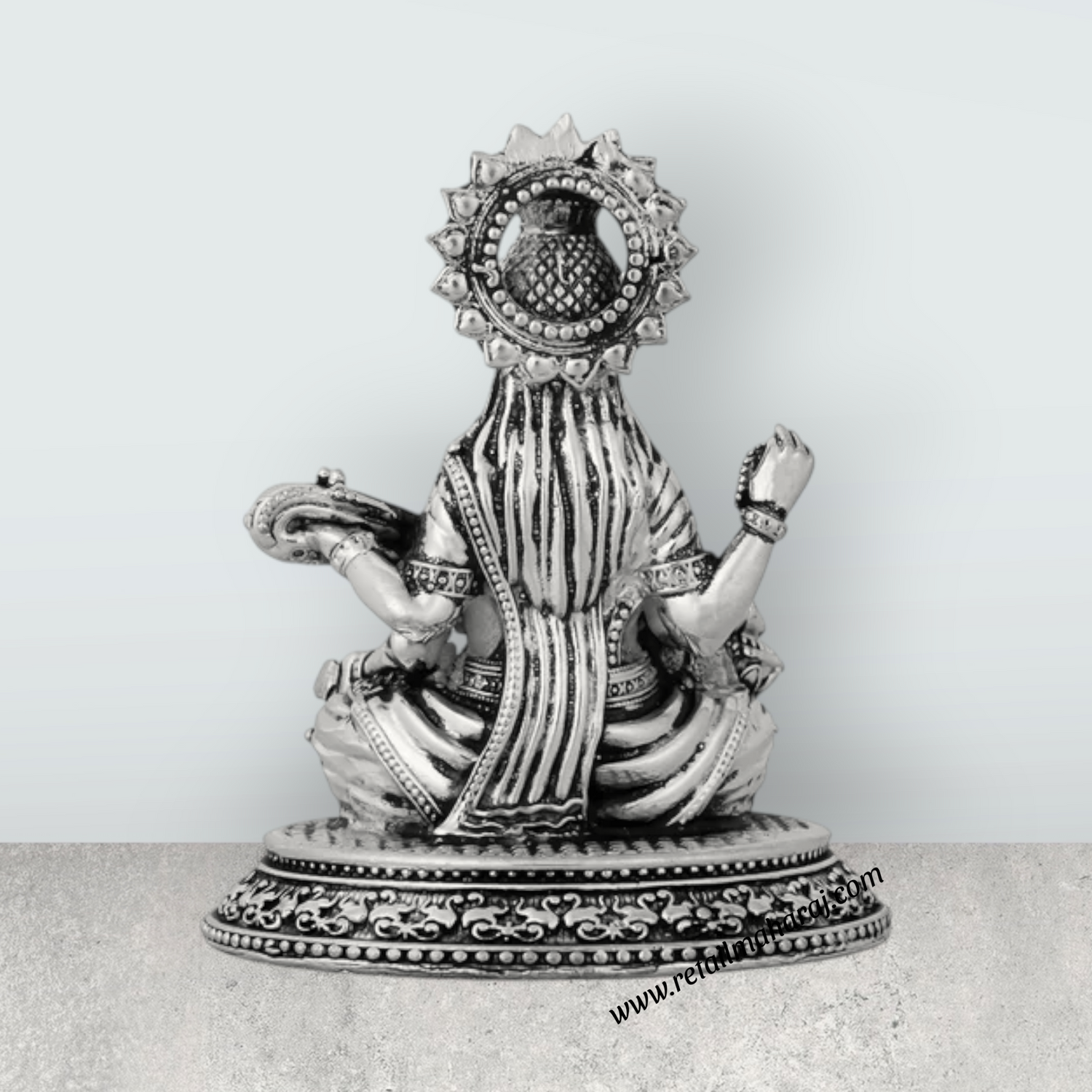 Saraswati Murti Sitting On Base – 3.5 x 3 Inches German Silver Antique Polish Saraswati Moorti for Worship - Retail Maharaj