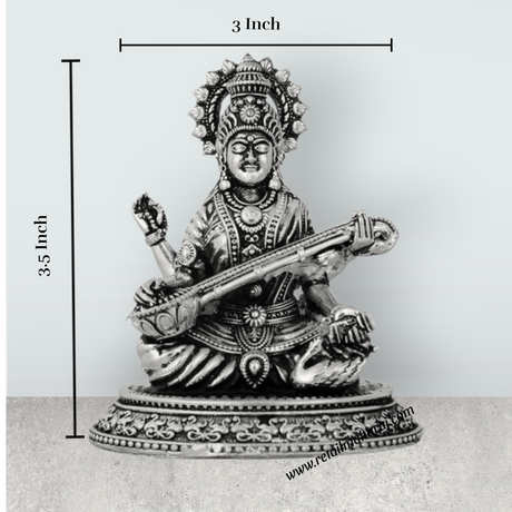 Saraswati Murti Sitting On Base – 3.5 x 3 Inches German Silver Antique Polish Saraswati Moorti for Worship - Retail Maharaj