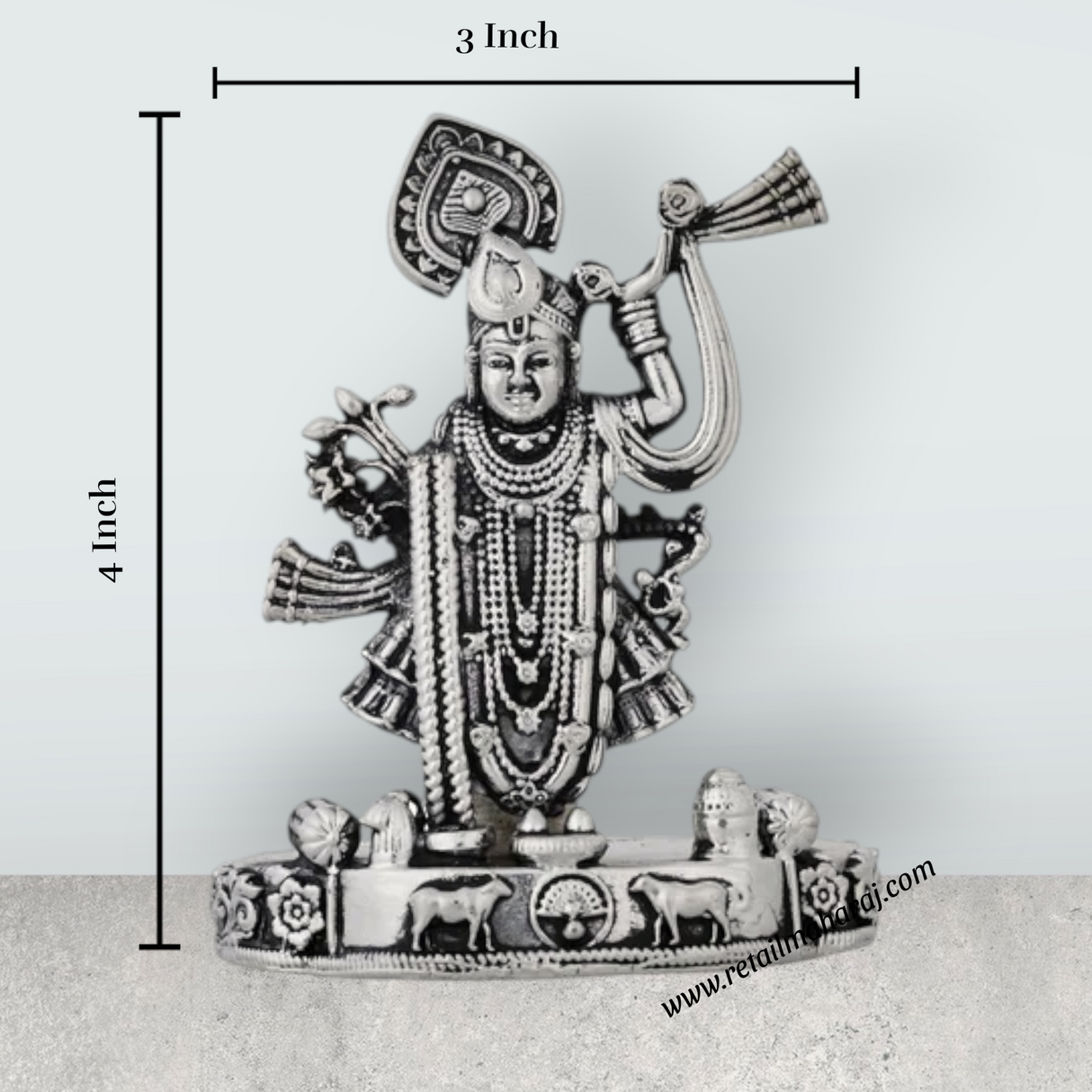 Shrinathji Murti Standing On Base – 4 x 3 Inches German Silver & Antique Polish Shreenathji Murti for Pooja - Retail Maharaj