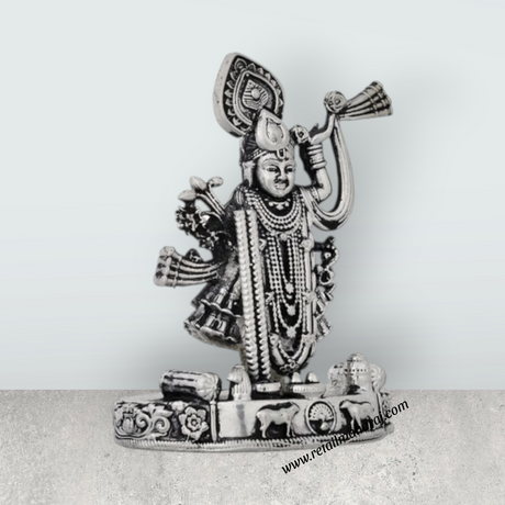 Shrinathji Murti Standing On Base – 4 x 3 Inches German Silver & Antique Polish Shreenathji Murti for Pooja - Retail Maharaj