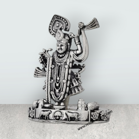 Shrinathji Murti Standing On Base – 4 x 3 Inches German Silver & Antique Polish Shreenathji Murti for Pooja - Retail Maharaj