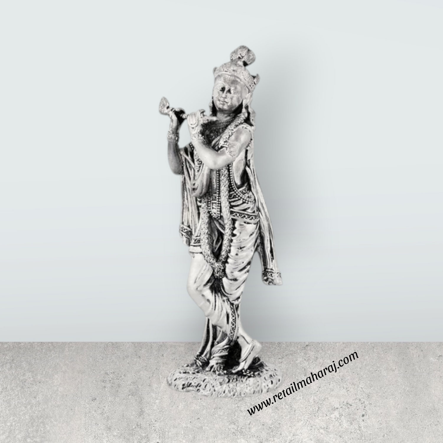Flute Krishna Murti Standing On Base – 5.75 x 1.5 Inches German Silver & Antique Polish Krishna Idol for Worship - Retail Maharaj