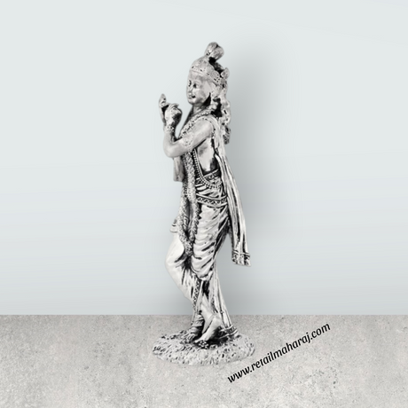 Flute Krishna Murti Standing On Base – 5.75 x 1.5 Inches German Silver & Antique Polish Krishna Idol for Worship - Retail Maharaj