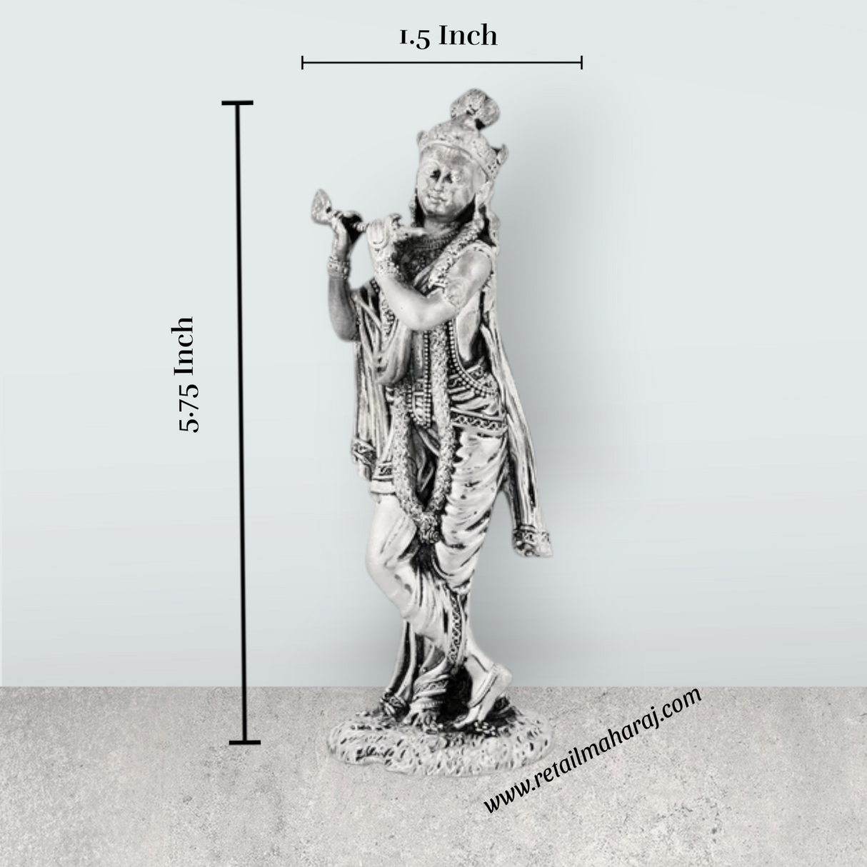 Flute Krishna Murti Standing On Base – 5.75 x 1.5 Inches German Silver & Antique Polish Krishna Idol for Worship - Retail Maharaj