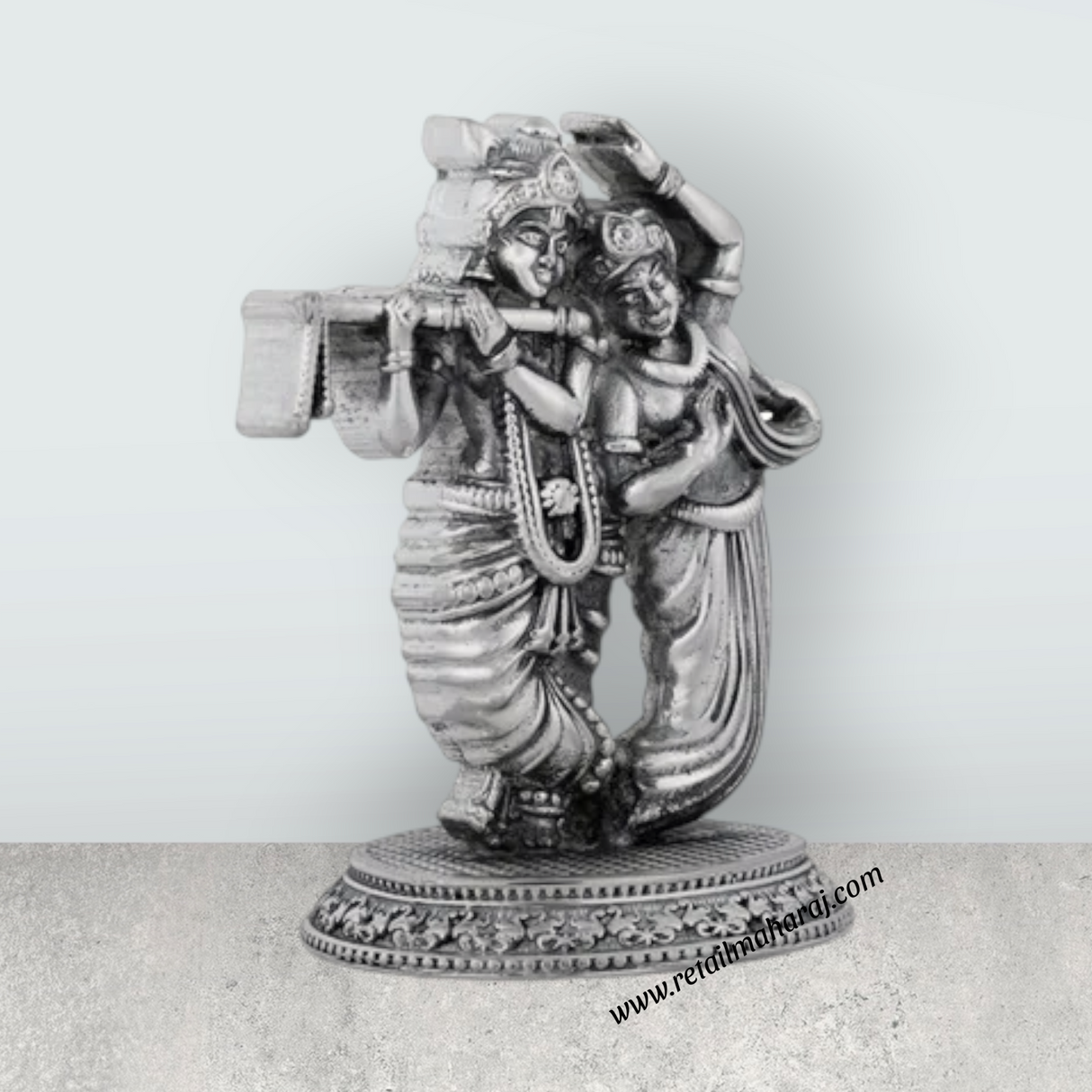 Radha Krishna Murti With Base – 3.5 x 2.25 Inches German Silver & Antique Polish Radha Krishna Idol for Pooja - Retail Maharaj