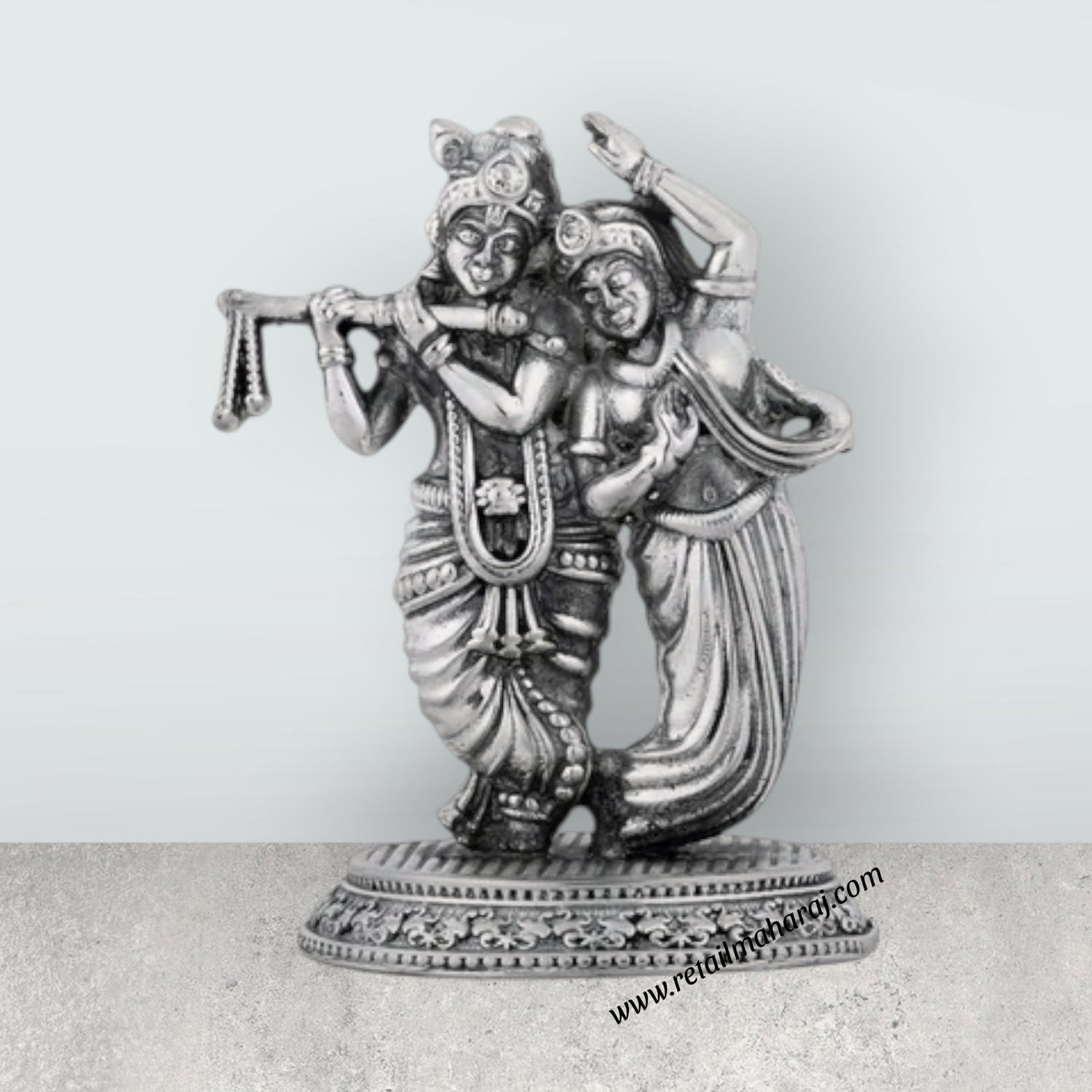 Radha Krishna Murti With Base – 3.5 x 2.25 Inches German Silver & Antique Polish Radha Krishna Idol for Pooja - Retail Maharaj