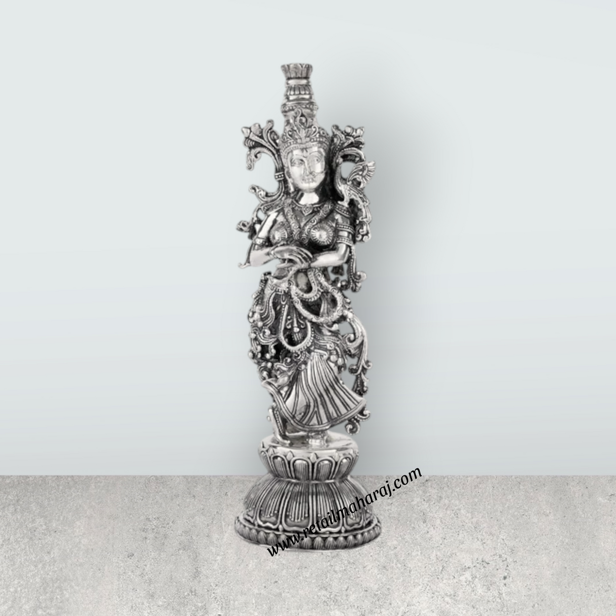 Radha Murti Standing On Base - 11 x 3.5 Inches | German Silver Radha Statue/Antique Polish Radha Idol for Home - Retail Maharaj