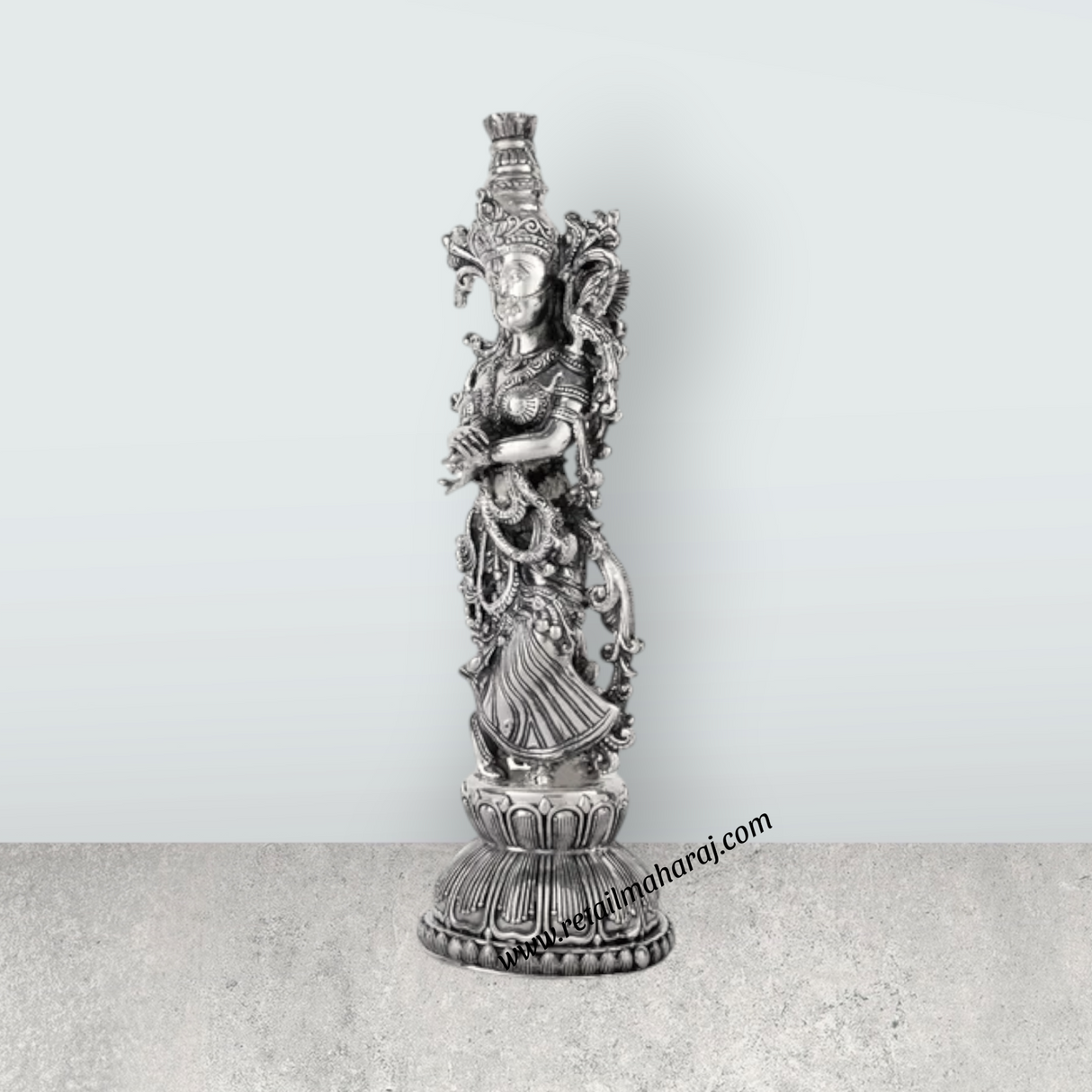 Radha Murti Standing On Base - 11 x 3.5 Inches | German Silver Radha Statue/Antique Polish Radha Idol for Home - Retail Maharaj