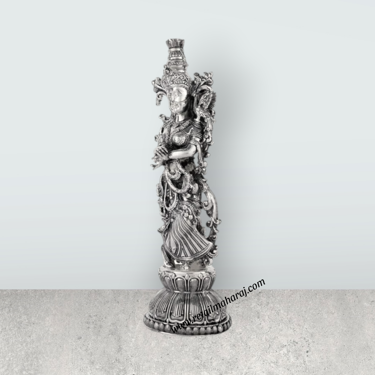 Radha Murti Standing On Base - 11 x 3.5 Inches | German Silver Radha Statue/Antique Polish Radha Idol for Home - Retail Maharaj