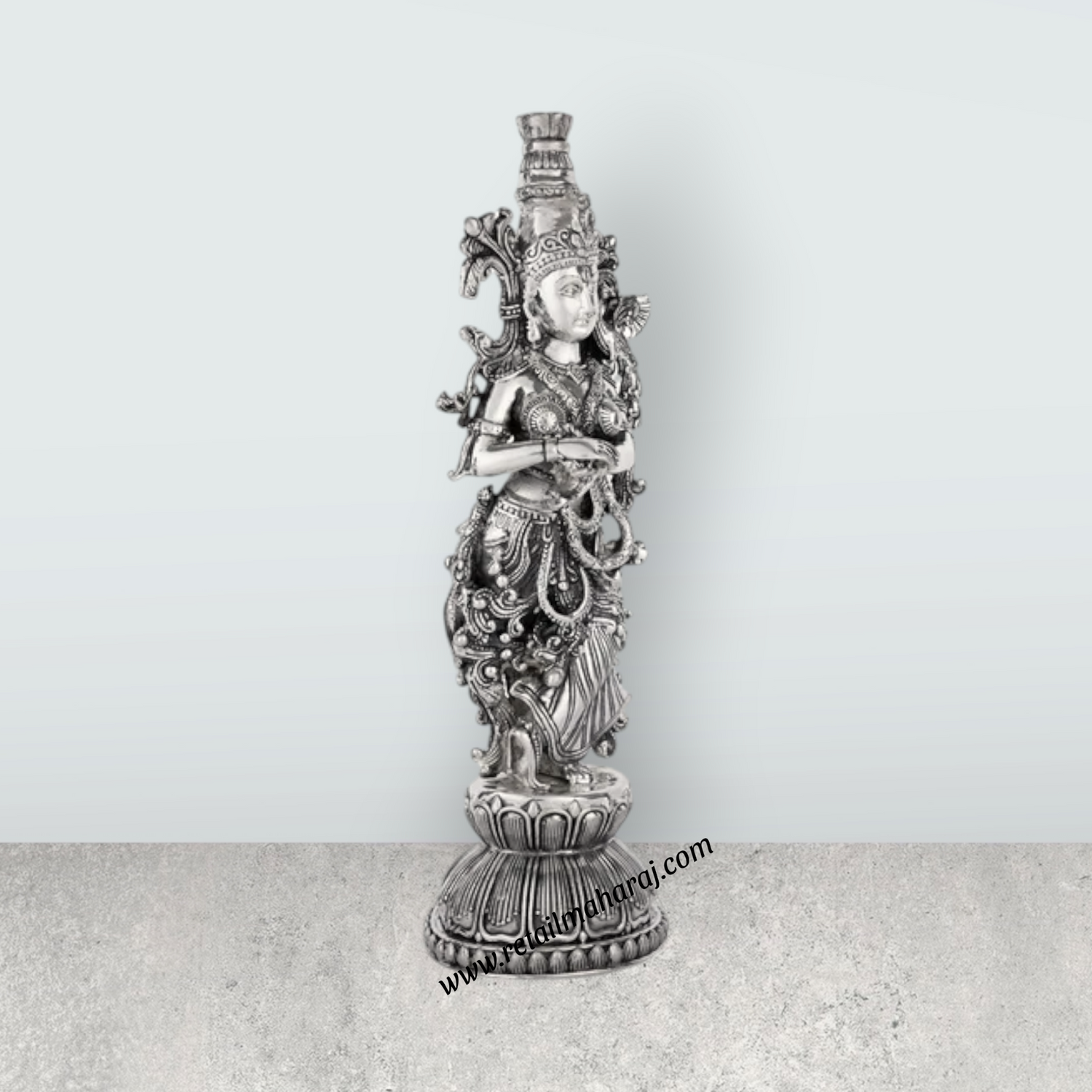 Radha Murti Standing On Base - 11 x 3.5 Inches | German Silver Radha Statue/Antique Polish Radha Idol for Home - Retail Maharaj