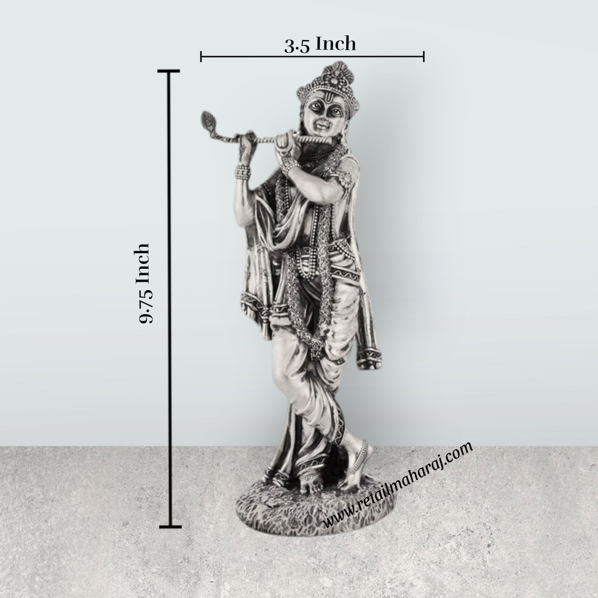 Flute Krishna Murti Standing On Base – 9.75 x 3.5 Inches German Silver & Antique Polish Krishna Idol for Worship - Retail Maharaj