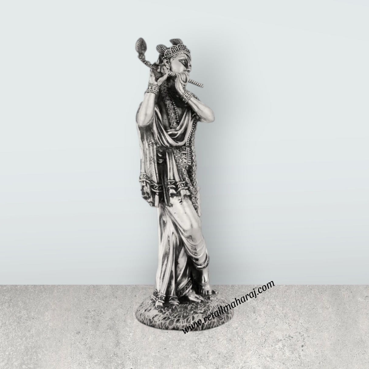 Flute Krishna Murti Standing On Base – 9.75 x 3.5 Inches German Silver & Antique Polish Krishna Idol for Worship - Retail Maharaj