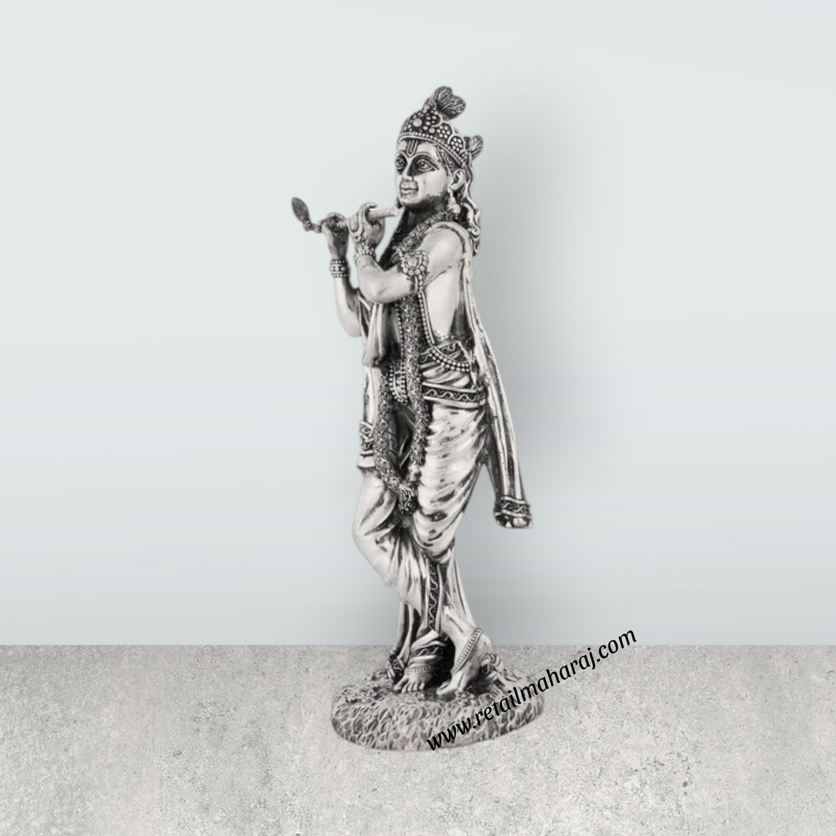 Flute Krishna Murti Standing On Base – 9.75 x 3.5 Inches German Silver & Antique Polish Krishna Idol for Worship - Retail Maharaj