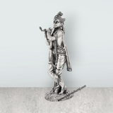 Flute Krishna Murti Standing On Base – 9.75 x 3.5 Inches German Silver & Antique Polish Krishna Idol for Worship - Retail Maharaj