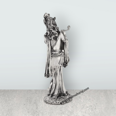 Flute Krishna Murti Standing On Base – 9.75 x 3.5 Inches German Silver & Antique Polish Krishna Idol for Worship - Retail Maharaj