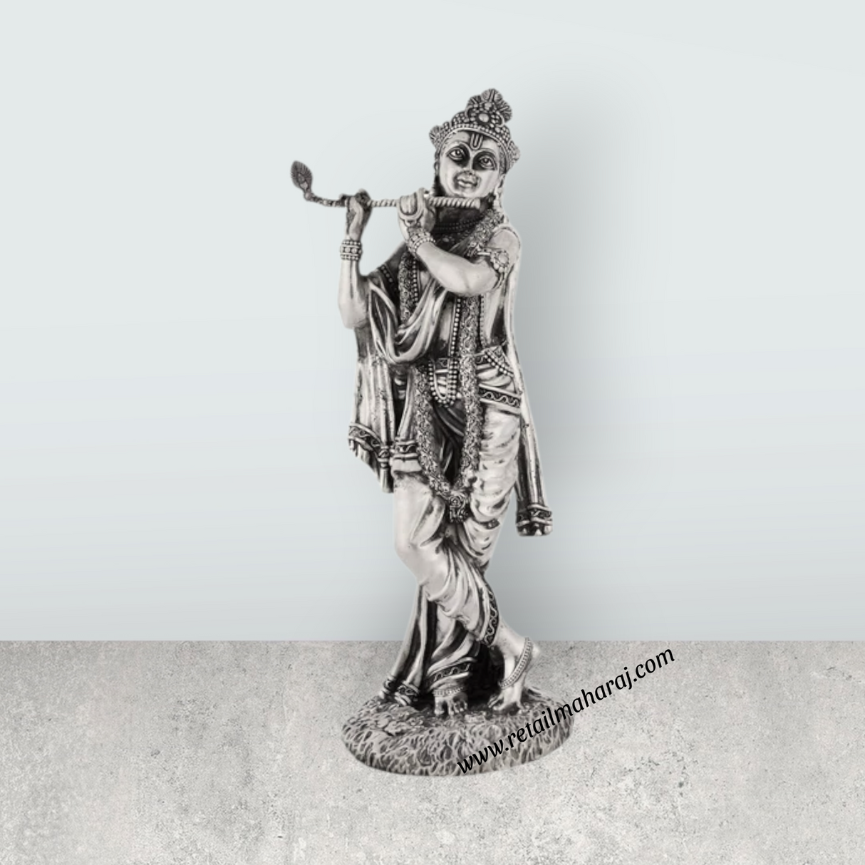 Flute Krishna Murti Standing On Base – 9.75 x 3.5 Inches German Silver & Antique Polish Krishna Idol for Worship - Retail Maharaj