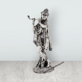 Flute Krishna Murti Standing On Base – 9.75 x 3.5 Inches German Silver & Antique Polish Krishna Idol for Worship - Retail Maharaj