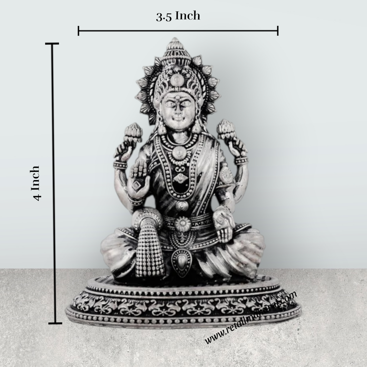 Lakshmi Idol Sitting On Lotus Base – 4 x 3.5 Inches German Silver & Antique Polish Laxmi Idol for Worship - Retail Maharaj