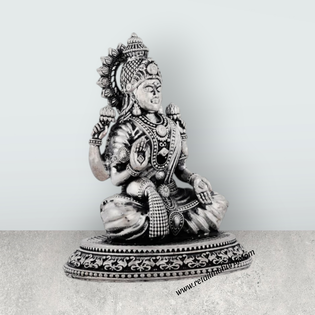 Lakshmi Idol Sitting On Lotus Base – 4 x 3.5 Inches German Silver & Antique Polish Laxmi Idol for Worship - Retail Maharaj