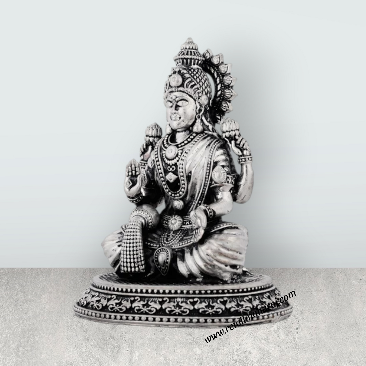 Lakshmi Idol Sitting On Lotus Base – 4 x 3.5 Inches German Silver & Antique Polish Laxmi Idol for Worship - Retail Maharaj