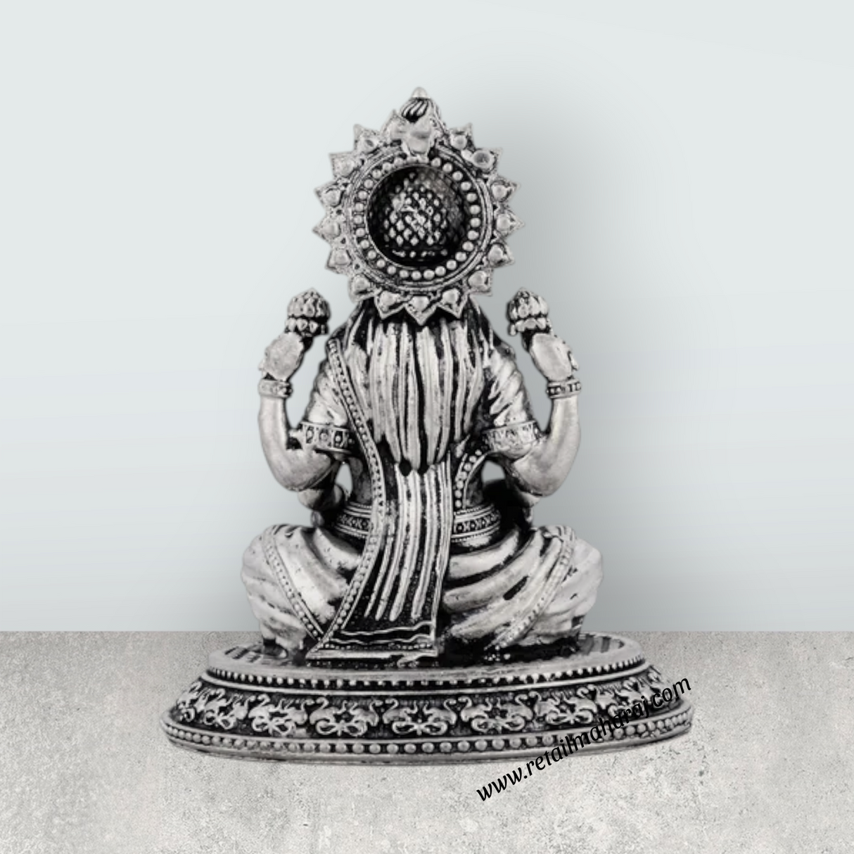 Lakshmi Idol Sitting On Lotus Base – 4 x 3.5 Inches German Silver & Antique Polish Laxmi Idol for Worship - Retail Maharaj