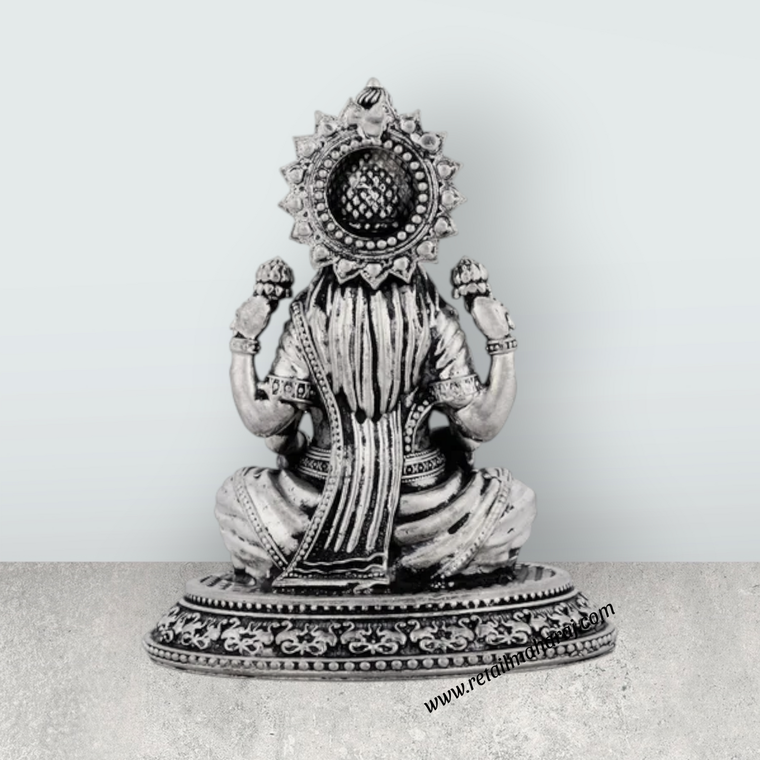 Lakshmi Idol Sitting On Lotus Base – 4 x 3.5 Inches German Silver & Antique Polish Laxmi Idol for Worship - Retail Maharaj