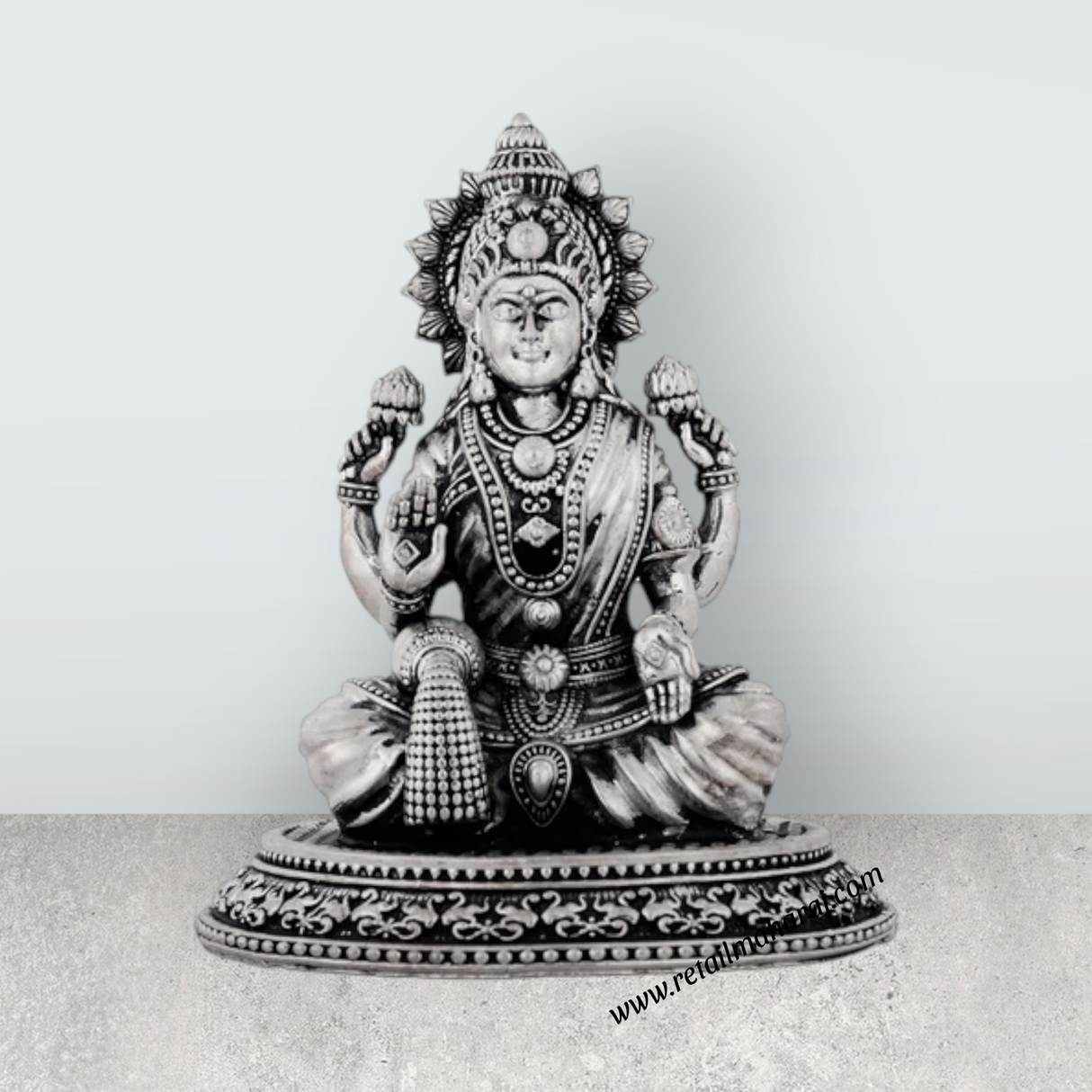 Lakshmi Idol Sitting On Lotus Base – 4 x 3.5 Inches German Silver & Antique Polish Laxmi Idol for Worship - Retail Maharaj