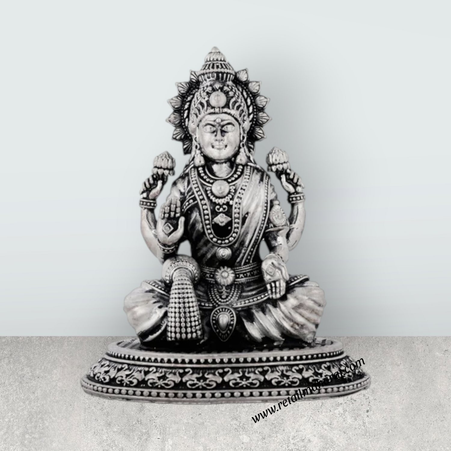 Lakshmi Idol Sitting On Lotus Base – 4 x 3.5 Inches German Silver & Antique Polish Laxmi Idol for Worship - Retail Maharaj