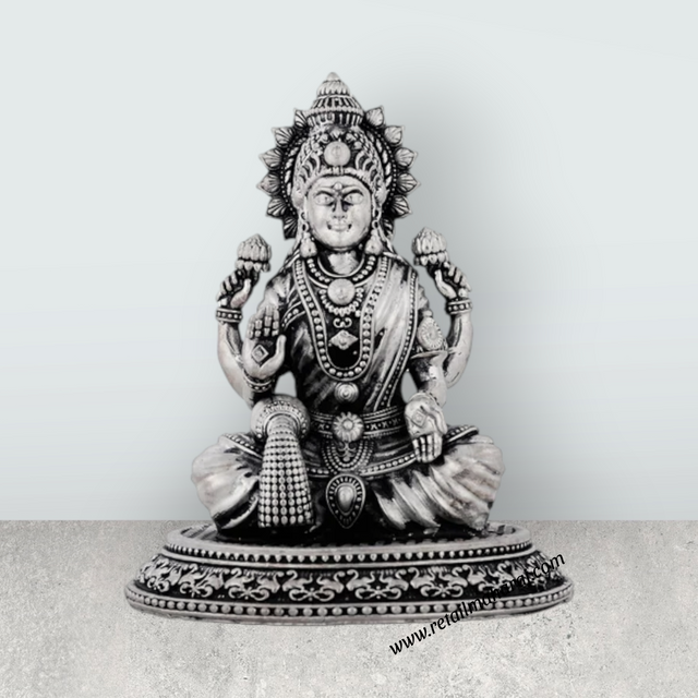Lakshmi Idol Sitting On Lotus Base – 4 x 3.5 Inches German Silver & Antique Polish Laxmi Idol for Worship - Retail Maharaj