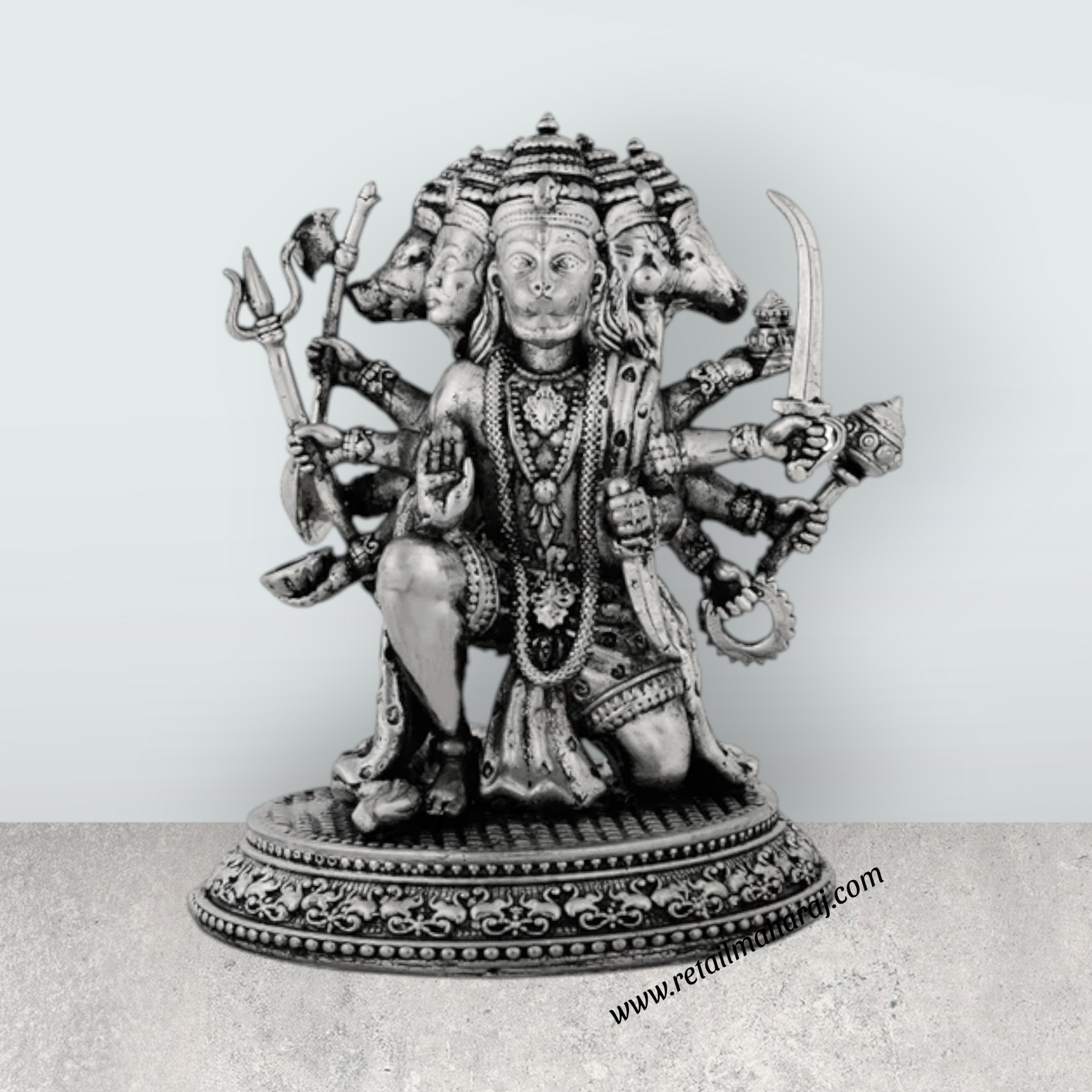 Panchmukhi Hanuman Murti Mandir With Base – 4 x 3.25 Inches Antique German Silver Anjaneya Statue for Pooja - Retail Maharaj