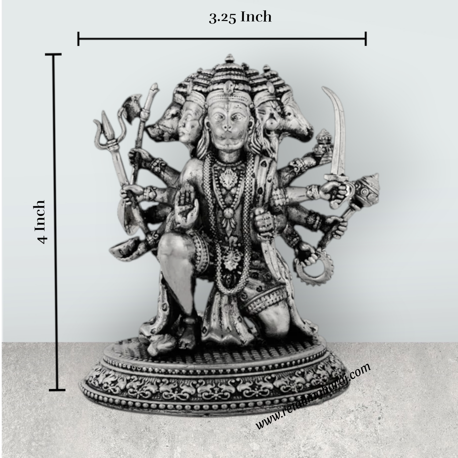 Panchmukhi Hanuman Murti Mandir With Base – 4 x 3.25 Inches Antique German Silver Anjaneya Statue for Pooja - Retail Maharaj