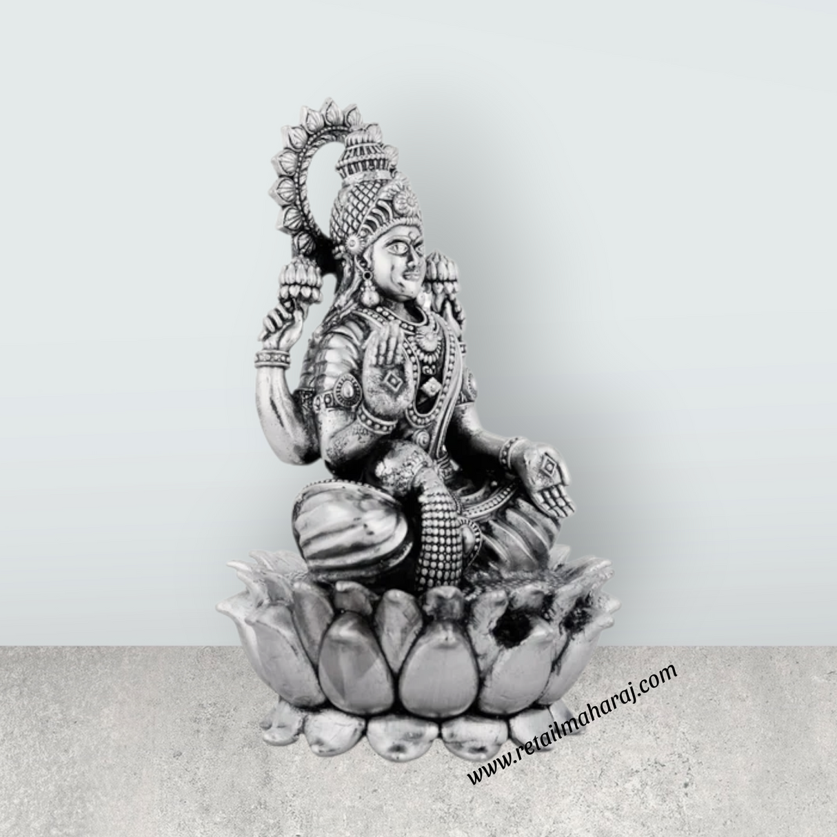 Lakshmi Idol Sitting On Lotus Base – 4.5 x 2.75 Inches Antique Polish / German Silver Laxmi Idol for Worship - Retail Maharaj