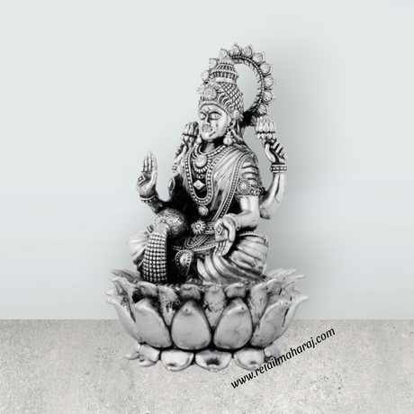Lakshmi Idol Sitting On Lotus Base – 4.5 x 2.75 Inches Antique Polish / German Silver Laxmi Idol for Worship - Retail Maharaj