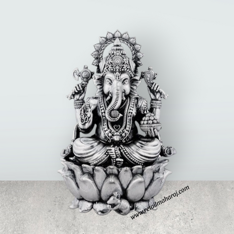 Ganesh Murti Sitting On Lotus Base – 4.5 x 2.75 Inches German Silver Antique Polish Ganpati Murti for Worship - Retail Maharaj