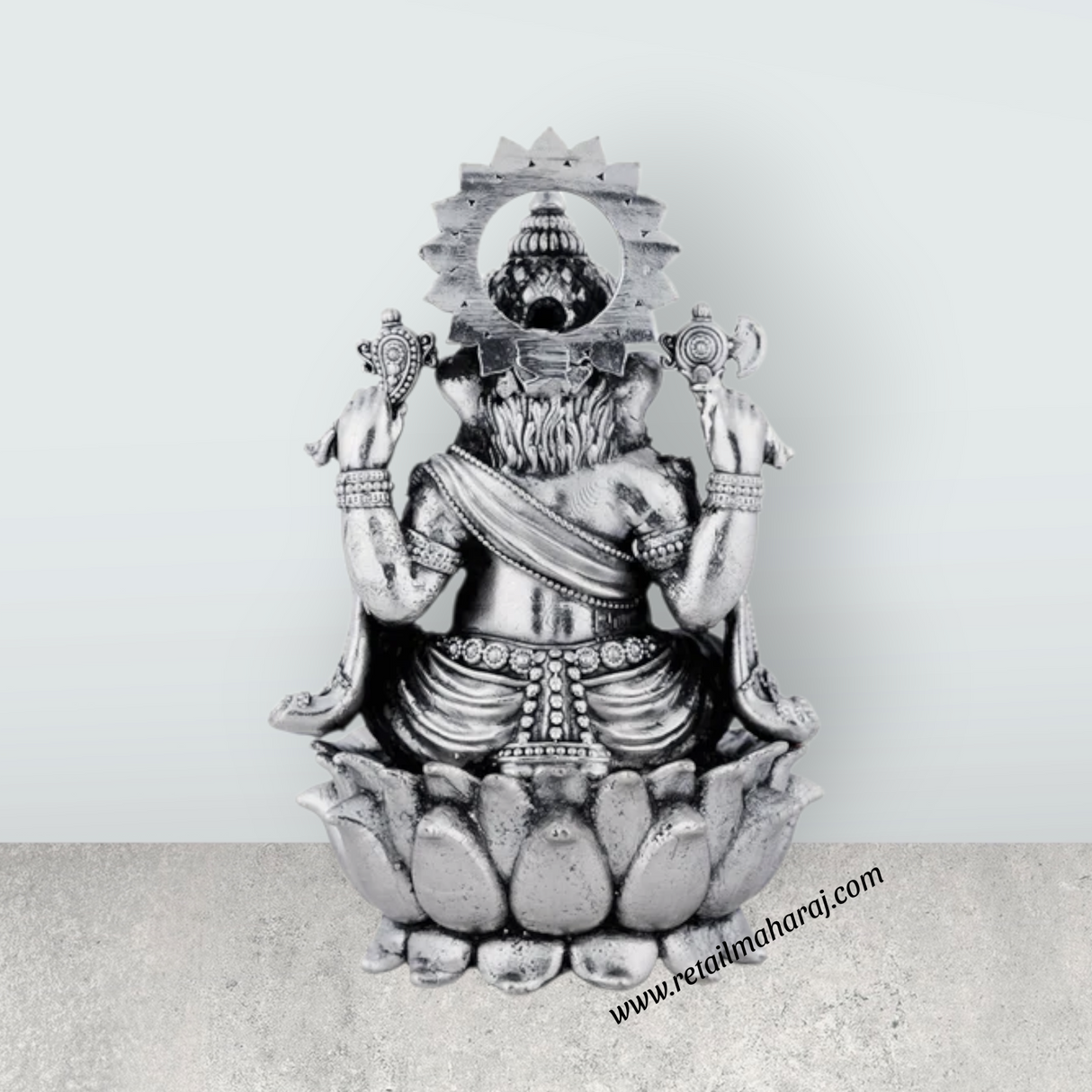 Ganesh Murti Sitting On Lotus Base – 4.5 x 2.75 Inches German Silver Antique Polish Ganpati Murti for Worship - Retail Maharaj