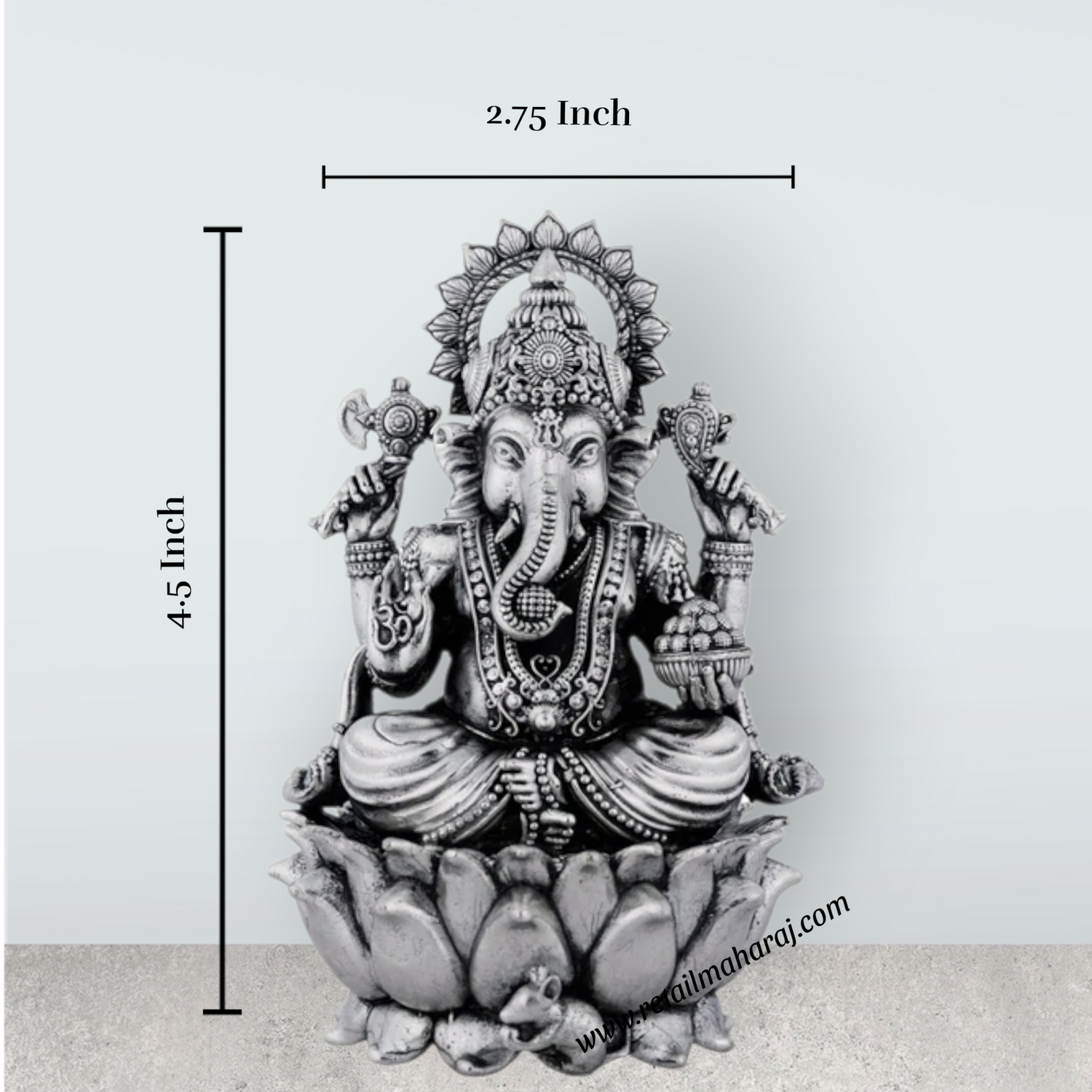 Ganesh Murti Sitting On Lotus Base – 4.5 x 2.75 Inches German Silver Antique Polish Ganpati Murti for Worship - Retail Maharaj