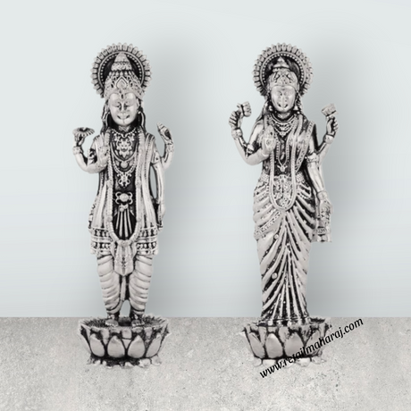 Vishnu Lakshmi Idol Standing On Flower Base Pair – 4 x 1.25 Inches German Silver/Antique Polish Laxmi Vishnu for Pooja - Retail Maharaj