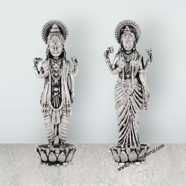 Vishnu Lakshmi Idol Standing On Flower Base Pair – 4 x 1.25 Inches German Silver/Antique Polish Laxmi Vishnu for Pooja - Retail Maharaj