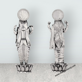 Vishnu Lakshmi Idol Standing On Flower Base Pair – 4 x 1.25 Inches German Silver/Antique Polish Laxmi Vishnu for Pooja - Retail Maharaj