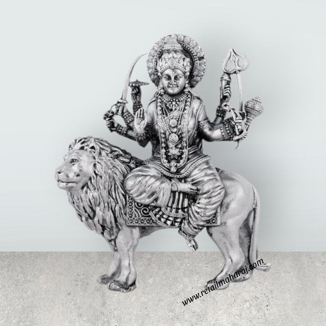 Durga Murti Sitting On Lion - 4 x 3 Inches | Antique German Silver Durga Idol With 8 Hands for Pooja - Retail Maharaj